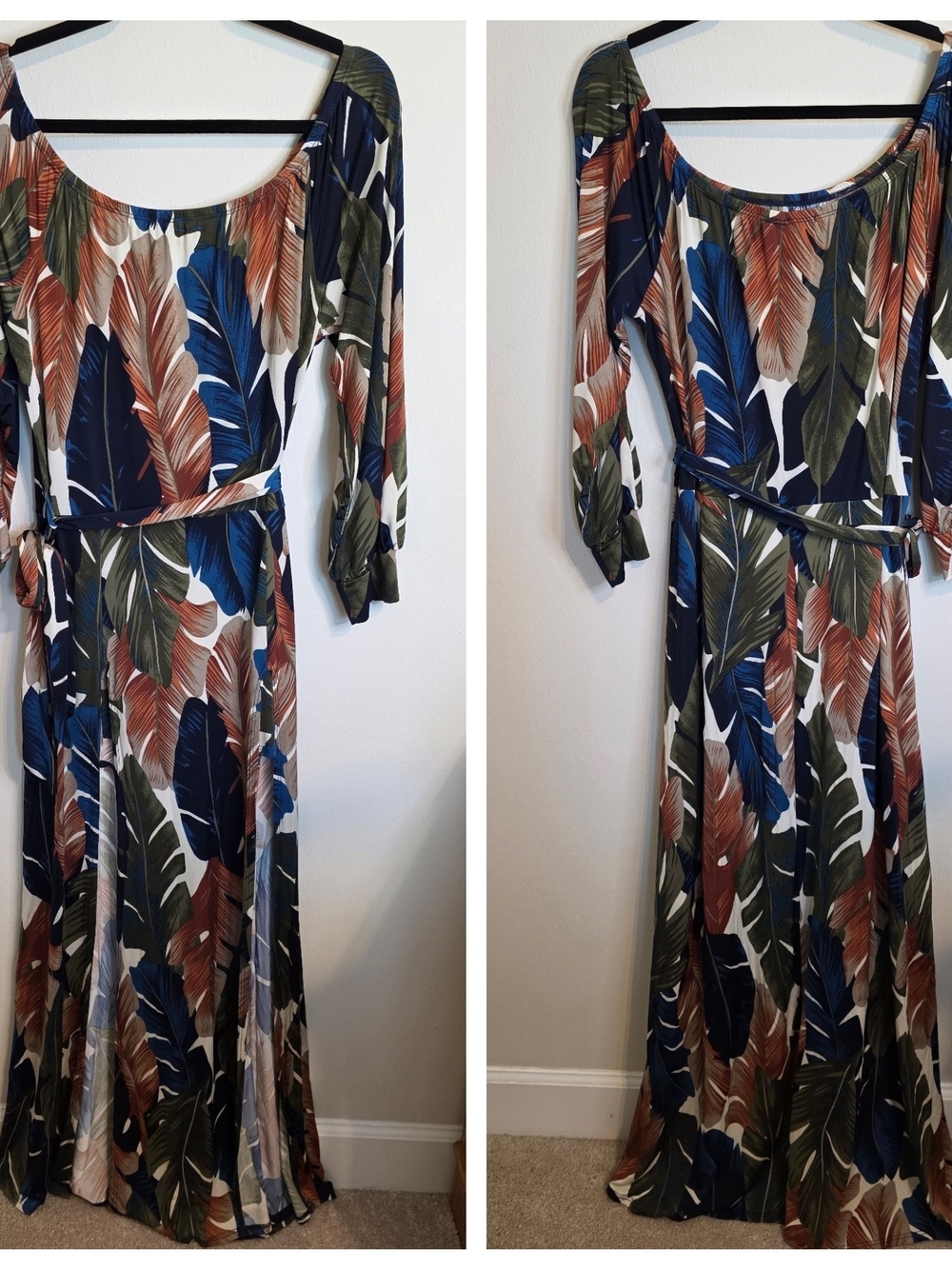 Fashion Nova Navy Maxi Dress with Multicolor Tropical Leaf Print
